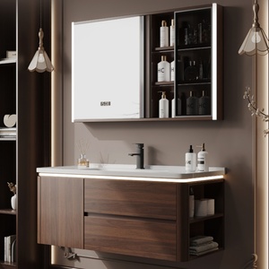 OEM Solid Wood Bathroom <strong>Vanities</strong> Walnut Color Wall Hung Bathroom <strong>Vanity</strong> Cabinet One-Piece Ceramic Basin Bathroom Cabinet - Product Image 5