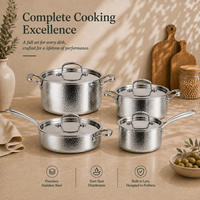 En gros Batterie de cuisine en acier inoxydable martelé avec couvercles, comprenant Casserole, Faitout, Poêle à frire, compatible induction, OEM