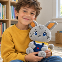Fabricant de jouets en peluche personnalisés : Lapin personnalisé avec yeux étoilés, salopette et patch cœur – Service de conception sur mesure