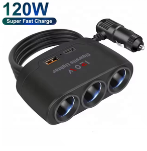 Adaptador de Corriente para Coche <span class=keywords><strong>3</strong></span> en 1 con Puerto USB Tipo C de 120W, Divisor de Encendedor de Cigarrillos de 12V/24V, Cargador Rápido para Teléfono, DVR, GPS y Dashcam - Product Image 4