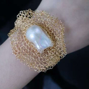 14K Gold Filled Wire Mesh Lace <b>Bracelet</b>, Natural Iridescent Baroque Freshwater Pearl <b>Cuff</b> Suitable For Dating Banquet Occasions - Product Image 3