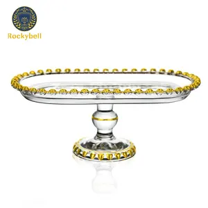 Luxury Gold heart rim tray Oval shape Glass Dessert Platter plate with foot stand