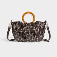 Sac Seau Tendance à Paillettes pour Femme avec Poignée en Bois, Sac à Main Scintillant à Bandoulière Réglable, Sac Bandoulière Élégant