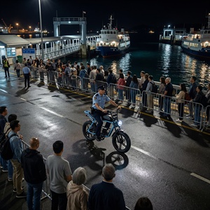 Vélo électrique tout-terrain avec phare LED et klaxon, idéal pour les espaces d'attente des trajets maritimes et les zones urbaines rétro. - Product Image 3