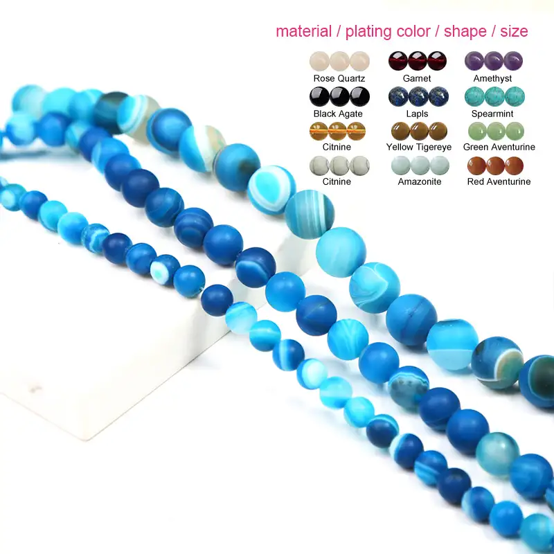 Blue Striped Agate Matte Round Beads for Jewelry Making