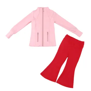 Lulu OEM / ODM Custom Girls Neues rosa Doppelreiß verschluss-Taschen oberteil und enger roter Übungs-Kinder-Yoga-Anzug