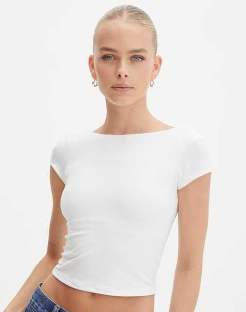 Runwaylove  R304  Basic Open Backless Short Sleeve Crop Top