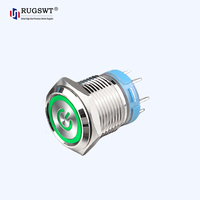 Interrupteur à bouton-poussoir métallique RUGSWT avec anneau LED rouge et symbole d'alimentation, étanche IP65, à actionnement momentané ou à enclenchement, pour panneaux de commande industriels