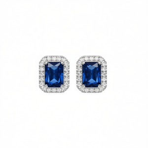 Pendientes Clásicos Rectangulares de Circonita con Piedras Azules de Corte Esmeralda, Engaste de Garra, Halo de Diamantes, Cobre, Joyería Fina para Mujer E801 - Product Image 1