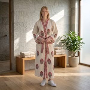 Robe de chambre gaufrée brodée florale pour femme, manches longues, col en V, longueur genou, 100 % coton doux, décontractée, pour l'été - Product Image 3