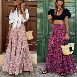 Private Label Custom Women's Skirts Holiday Colorful Floral Printed A-Line Dress Ruched High Waist Long Skirts For Women