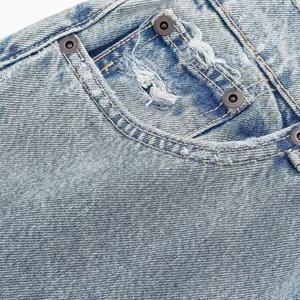 กางเกงยีนส์แฟชั่นเอวสูงสำหรับผู้หญิง ระบายอากาศได้ดี สวมใส่สบาย ทรงตรงและขากว้าง พร้อมลายปักการ์ตูนที่เอว - Product Image 3