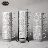 Tasses à latte SWT 12 oz multicolores gaufrées avec poignée pour cappuccino, thé, café, ensemble de tasses empilables en céramique avec support métallique