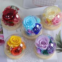 Vente en gros de mini roses éternelles artisanales sous cloche en verre avec base en bois, cadeau pour la Saint-Valentin, la fête des mères, Noël