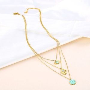 Accesorios de Moda para Mujer, Collar de Ojo Azul de 3 Capas, Gargantilla de Acero Inoxidable Dorada, Collar con Colgante de Mano Hamsa - Product Image 2