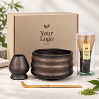 Ensemble Matcha en Céramique Personnalisé avec Logo OEM, Bol Noir Bronze, Fouet, Support, Cuillère en Bambou, Boîte Cadeau pour Débutants en Matcha