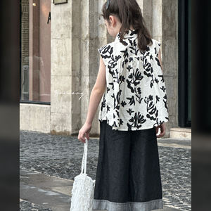 Completi Casual <span class=keywords><strong>per</strong></span> <span class=keywords><strong>Ragazze</strong></span> Camicia Floreale Bianca e Nera Jeans <span class=keywords><strong>Neri</strong></span> 100% Cotone Maniche a Farfalla - Product Image 3