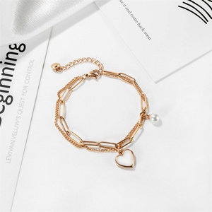 New Arrival Stainless Steel Paperclip <b>Chain</b> Gold Plated Heart Pendant Charm Pearl Loves Bracelet - Product Image 6