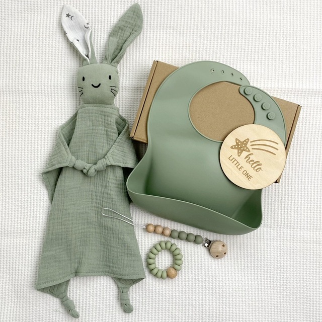 Newborn Baby First Gift Set for Boys & Girls 100% Cotton Muslin Comforter Bib and Wooden Teething Ring Baby Shower Gifts