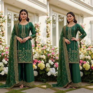 Ensemble Kurta traditionnel indien pakistanais vert pour femmes avec dupatta, tenue ethnique en soie longue, coupe régulière, toutes saisons - Product Image 1