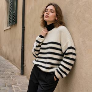 Suéter de Punto para Mujer, Otoño Invierno, Mezcla de Lana y Viscosa, Cuello Redondo, Rayas Blancas y Negras, Estilo Holgado, Hombros Caídos, Informal - Product Image 1