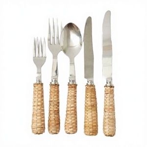 Rattan Natural Bamboo Handle Stainless Steel Flatware Set High Quality Travel Cutlery Spoon <b>Fork</b> with Matte Polish Retro Design - Product Image 4