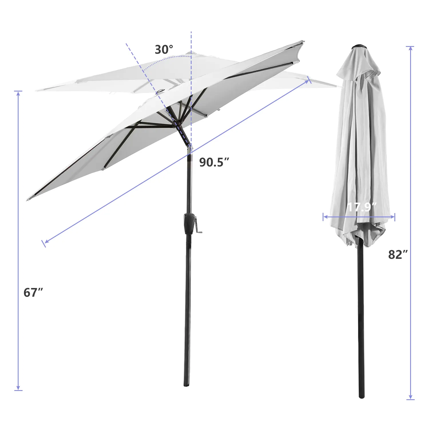 USA stock Patio Umbrella large plain Garden Umbrella with Push Button Tilt/Crank 7.5' (Grey-white)