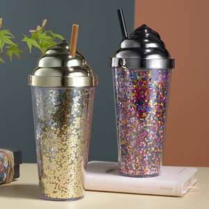 Double Layer Plastic Straw Cup Electroplated Snail Lid Sequin Cup Ice Cream Glitter Water Cup Party Use - Product Image 3