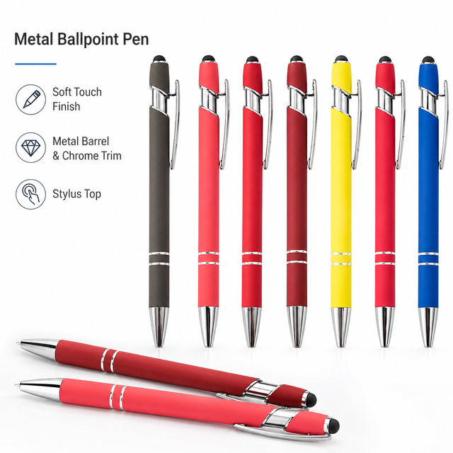 2-in-1 Metal Ballpoint Pen with Stylus Soft Touch Rubberized Finish Custom Logo Promotional Gift OEM