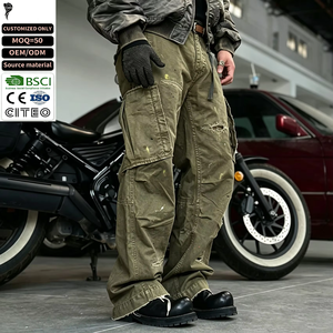 New Arrival Men Distressed Acid Washed Canvas Eco-Friendly Breathable Multi <b>Pocket</b> Olive Green Loose Wide Leg <b>Trousers</b> - Product Image 1
