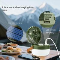 Ventilateur de camping solaire moderne avec moteur DC, télécommande, LED, construction en métal et ABS, intensité réglable, 3 vitesses, pales de 32 pouces, silencieux (29 dB)