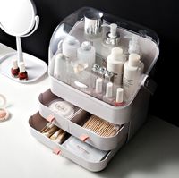 Boîte de rangement de maquillage, logo personnalisé, support de boîte de rangement cosmétique avec couvercle anti-poussière, poignée portable pour salle de bains commode