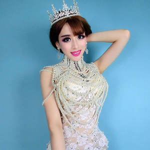 Robe sexy à porter avec des chaînes de perles, veste, tenue, combinaison une pièce, design de cristal de reine, costume de danse pour DJ, <span class=keywords><strong>chanteuse</strong></span> féminine, mariage - Product Image 2