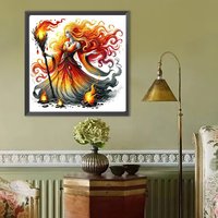Kit de Peinture Diamant 5D DIY à Perçage Rond, Sorcière Mystique au Feu avec Bâton Flammant, Art Mural Fantastique à Perçage Complet pour Décoration Intérieure