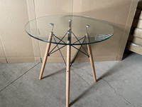 Table de restaurant moderne avec plateau en verre trempé rond pour 4 chaises, pieds en bois, salle à manger, cuisine, table à manger en verre transparent