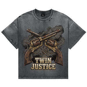 Camisetas Vintage para Hombre con Lavado Ácido y Efecto Desgastado, Transpirables, Estampado Retro de Doble Revólver Estilo Western, de Manga Corta Oversize para Venta al por Mayor - Product Image 1
