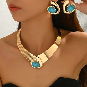 Luxurious Fashion Bold Elegant Africa Turquoise Boho <b>Stacked</b> Acrylic Gold Plated Exaggerated Jewelry Sets for European Women - Product Image 1