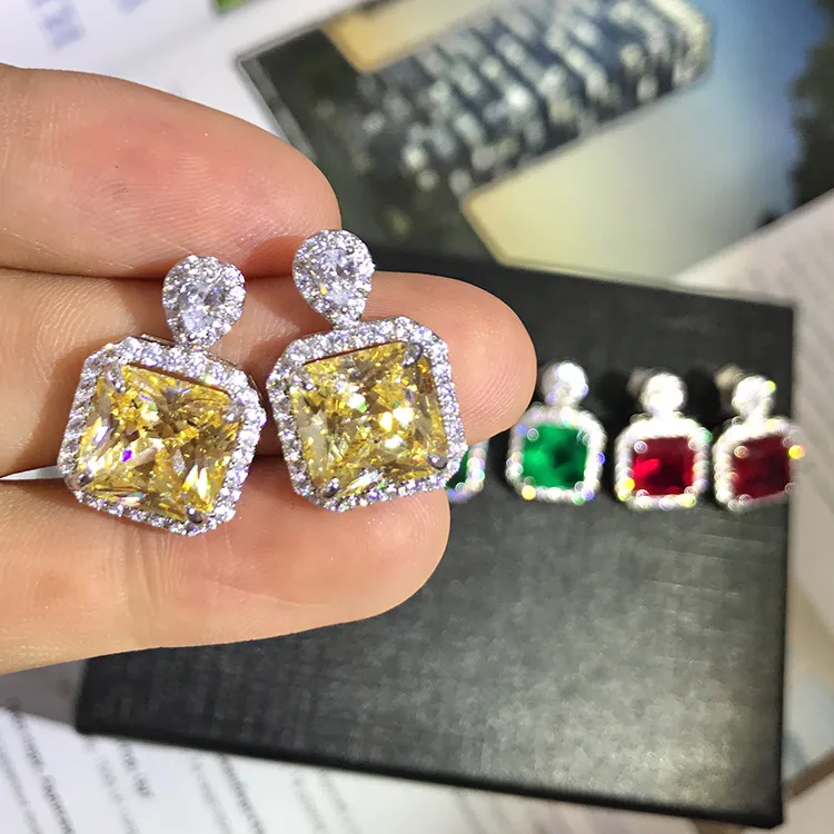 Customize 925 Sterling Silver Stud Earrings Jewelry Women Yellow Cubic Zirconia Stone Earrings