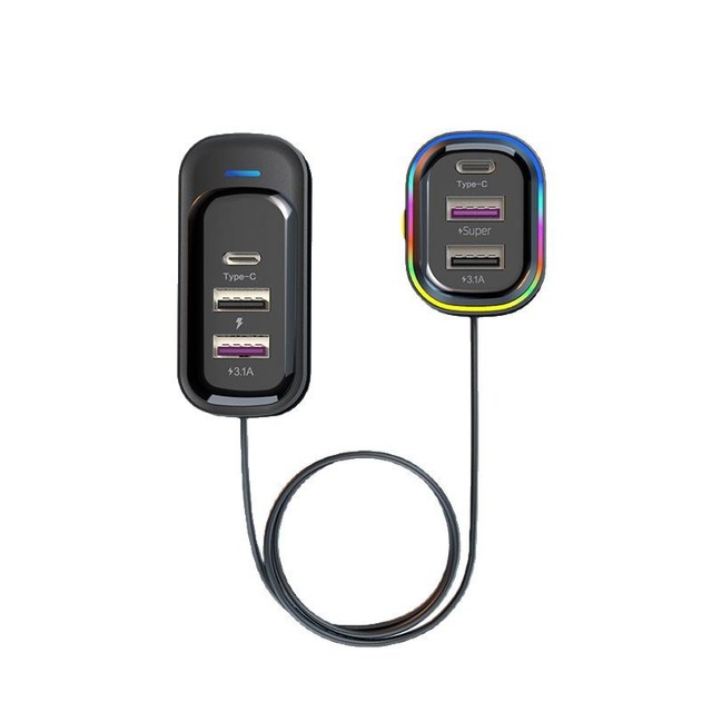 66W Fast Car Charger 6 Ports Multi Device USB C Car Charger 12V 24V Universal with 1.5M Extension Cable for Front and Rear Seats
