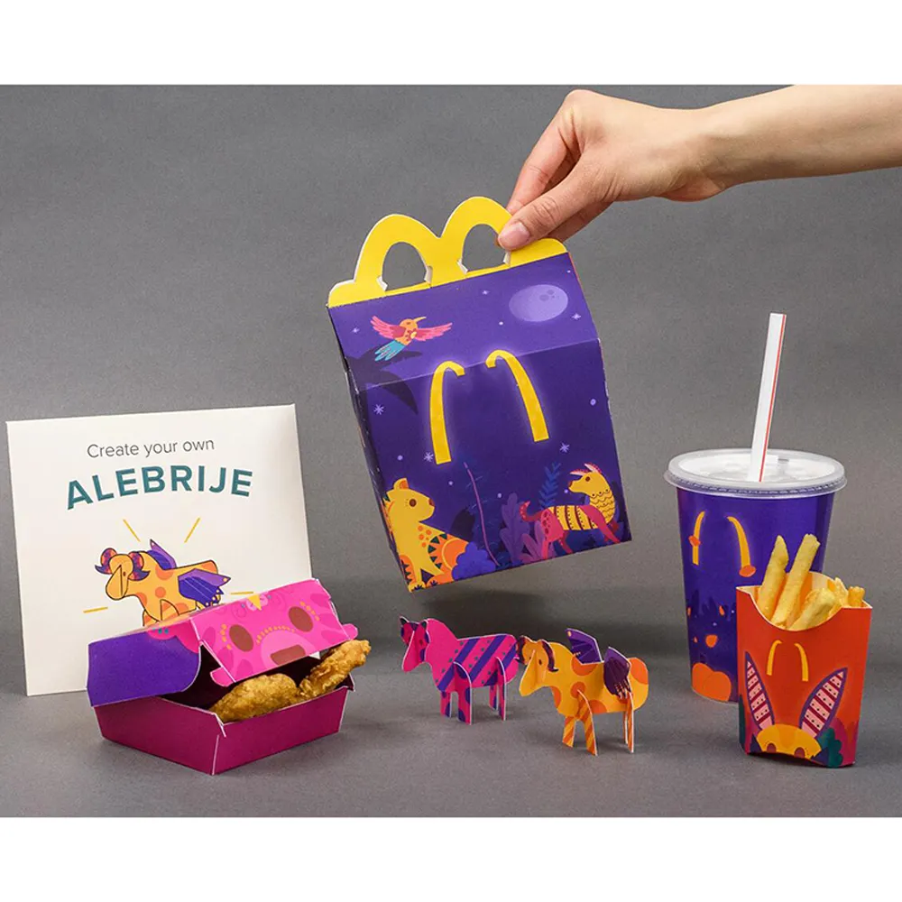 Logo personalizzato stampato felice condivisione pasto scatola per bambini festa di compleanno bombola regalo confezione giocattolo Fast Food per bambini scatola di carta timpano