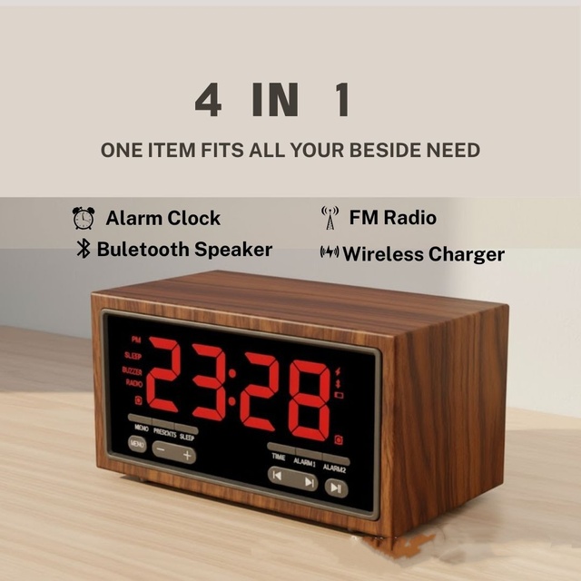 2025 Modern Electronic Wooden Digital LED Alarm Clock Radio FM Fast Wireless Charging Speaker