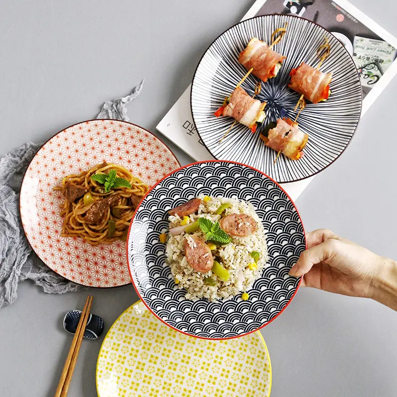 Factory wholesale Japanese-style 8-inch shallow plate ceramic underglaze color dish simple household steak plate