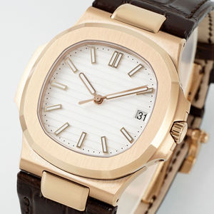 Montre mécanique en or rose pour hommes, bracelet en cuir de crocodile marron, lunette octogonale, cadran rayé blanc, affichage de la date, montre-bracelet de luxe - Product Image 2