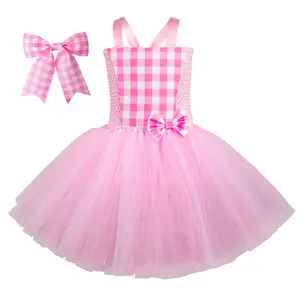 New hot selling Barbiees cos clothes pink plaid Spaghetti Strap dress girls Barbiees performance dresses with headwear