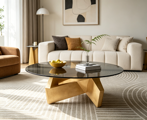 Mesa de Centro de Vidrio Templado Ahumado Redonda Hecha a Mano, Base de Metal Dorado Geométrica, Estilo Moderno de Mediados de Siglo, para Sala de Estar - Product Image 3