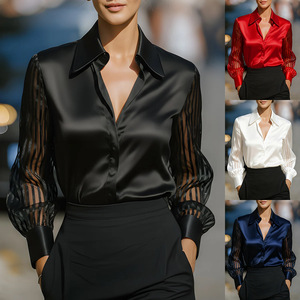 Blusa de satén de manga larga para <span class=keywords><strong>mujer</strong></span>, estilo informal, versátil, lavable, de color liso, ideal para otoño, éxito de ventas en sitios independientes. - Product Image 2
