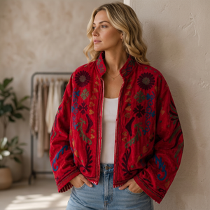 Red Embroidered <b>Mandarin</b> <b>Collar</b> <b>Jacket</b> Women's Boxy Fit Floral Pattern Open Closure Autumn Outerwear Woven Velvet Coat - Product Image 2
