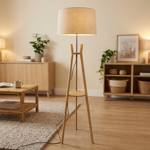 Modern Luxury Beige Fabric Shade High Brightness Floor Lamp Bamboo Body E27 Base Dome Design Tripod <b>Stand</b> Wooden Corner Living - Product Image 3