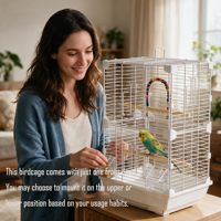 Cage à oiseaux verticale haute en acier allié et acier inoxydable avec échelle, barre horizontale, 2 mangeoires, forme carrée, fermeture à boucle, plateau en plastique