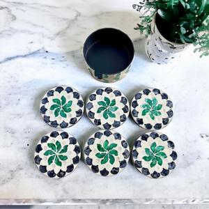 Ensemble de sous-verres ronds élégants en incrustation de nacre Plateau de table en bambou 6 pièces avec support Conception inspirée de la tasse à thé - Product Image 2